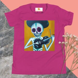 Skeletonichi Strumming Violin Day of the Dead Halloween Youth Short Sleeve T-Shirt