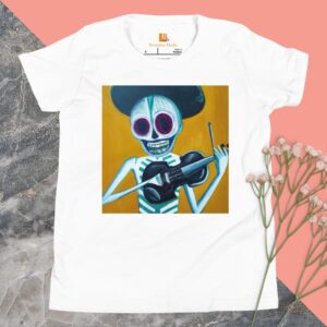 Skeletonichi Strumming Violin Day of the Dead Halloween Youth Short Sleeve T-Shirt